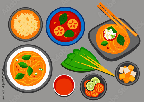 Flat illustration of a delicious asian meal spread