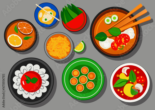 A colorful assortment of asian dishes and ingredients