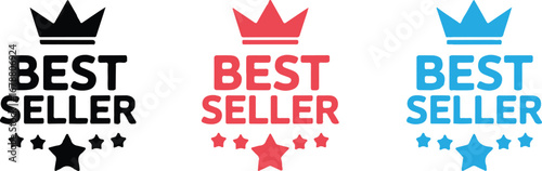 Best Seller Badge Icons Crown Stars Black Red Blue Graphic Design