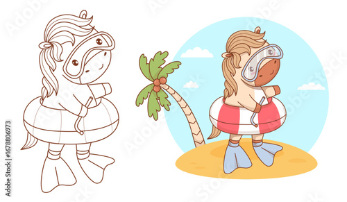 Cute summer Horse Beachgoer in Swimming Diving mask and Fins set. Outline Line and Color drawing, Coloring book. Isolated Funny Pony Animal with Palm Tree. Vector illustration. Kids collection. Not AI