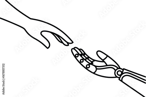 Human and robot hands reaching out in connection