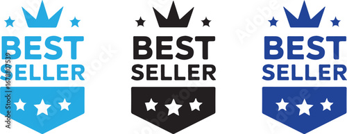 Best Seller Badge Icons Crown Stars Blue Black Vector Graphic Design