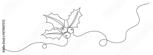 Christmas holly. Christmas decoration. Continuous editable line drawing