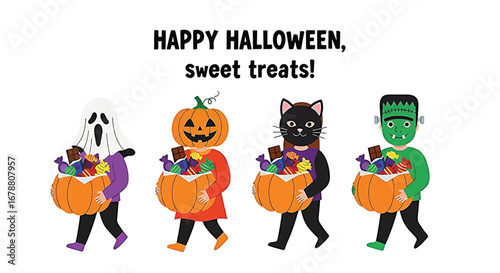 Happy Halloween greeting with four cute characters in ghost, pumpkin, cat, and monster costumes carrying buckets of candy.