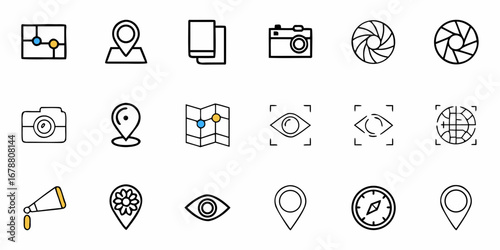 Travel planning icons with camera, maps, compass for holiday adventures and exploration concept