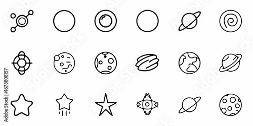 Explore astronomy science icons showcasing planets, stars and cosmic symbols for educational presentations