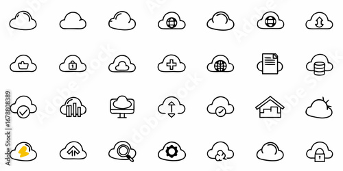 Comprehensive cloud computing icons set for modern technology solutions and data management services