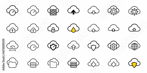 Modern cloud computing icons representing data storage, security, and networking solutions for businesses