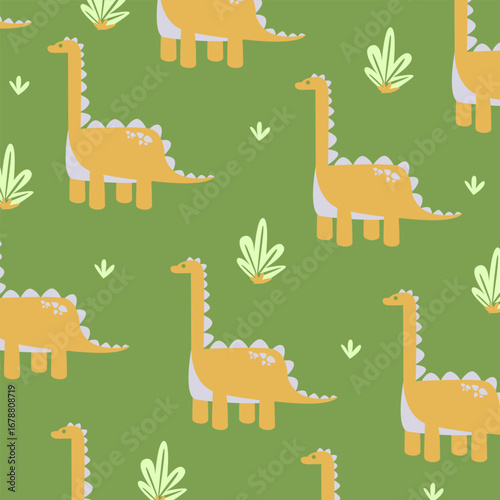 green brontosaurus dinosaur  seamleass pattern cartoon vector design fullprint fabric for kids apparel