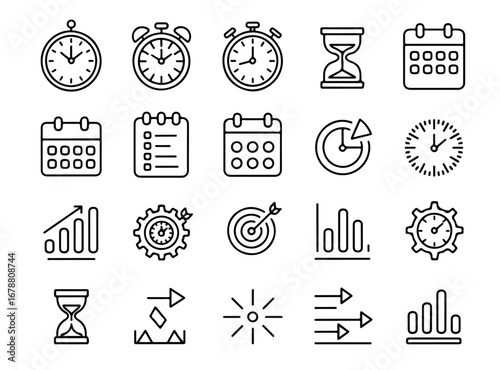 Minimalist black line art icon set for business corporate finance marketing communication productivity startups and teamwork featuring a diverse range of professional symbols