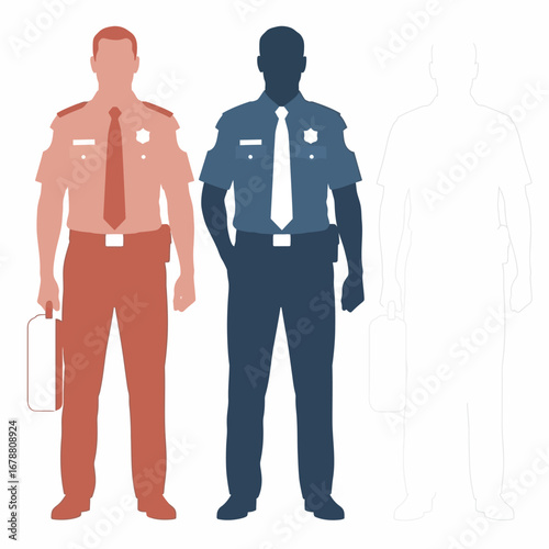 Two uniformed officers, one in blue and one in red, stand ready with a third outline.