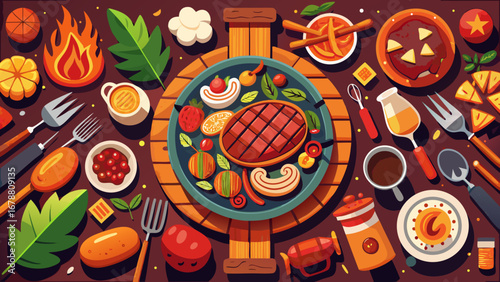Delicious barbecue feast with grilled steak and fresh sides