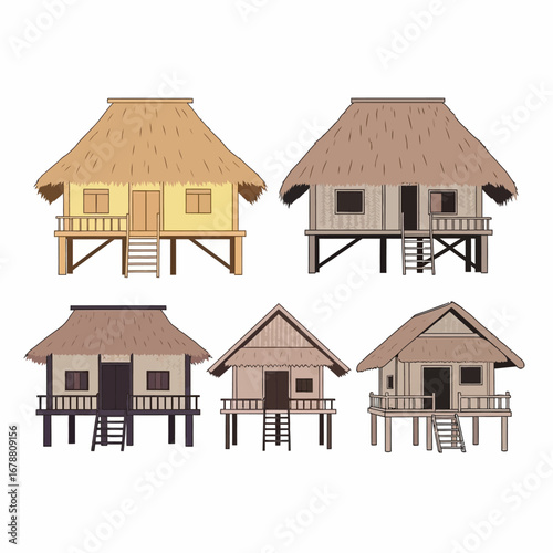 Traditional stilt houses with thatched roofs in a charming village setting
