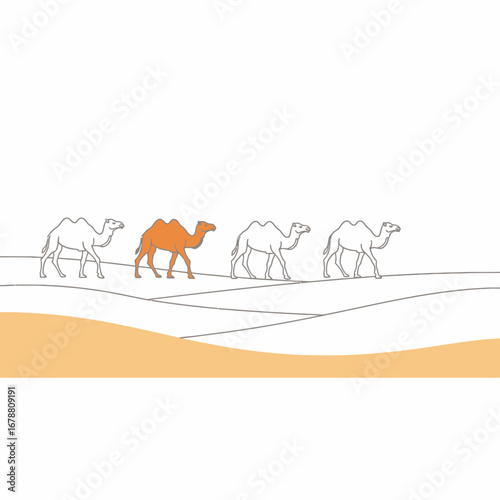 A single orange camel leads a caravan across a minimalist desert landscape.