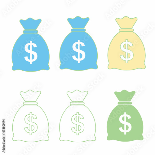 Collection of stylized money bags with dollar signs in various colors and outlines