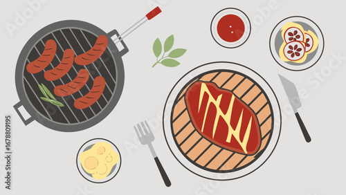 Barbecue feast with sausages and steak