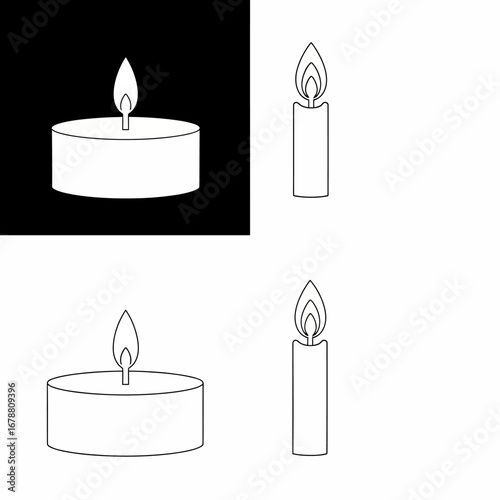 Simple line art illustrations of a lit tea light candle and a pillar candle