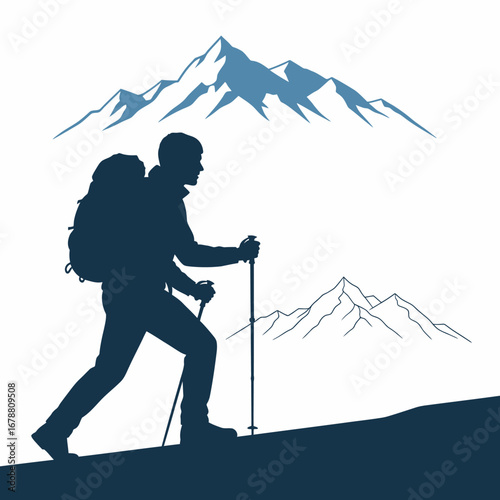Silhouette of a hiker with a backpack and poles climbing a mountain trail under snowy peaks