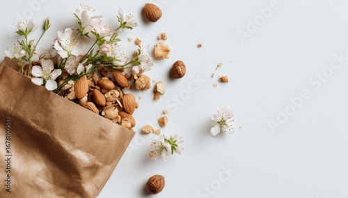 Brown paper bag overflowing with granola, almonds, and spring flowers on a white background
