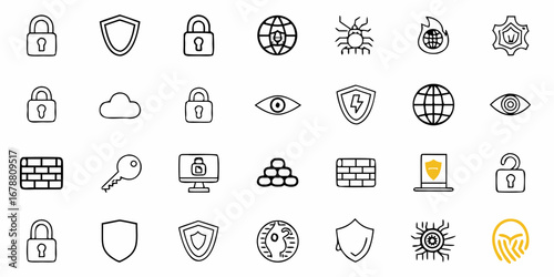 Cybersecurity icon set representing network safety, data protection, and digital privacy, vector art