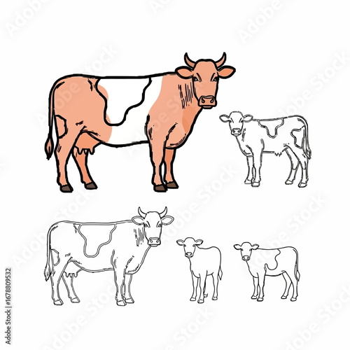 Gentle cows and calves in a charming illustration, highlighting farm life and agriculture.