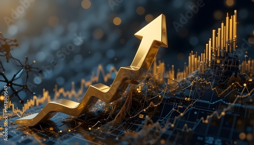 3D golden arrow growing upward on abstract financial graph, success concept.”