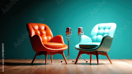 A striking visual of two cozy, colorful chairs and vintage microphones set against a vibrant turquoise backdrop, creating a perfect atmosphere for relaxation and conversation.