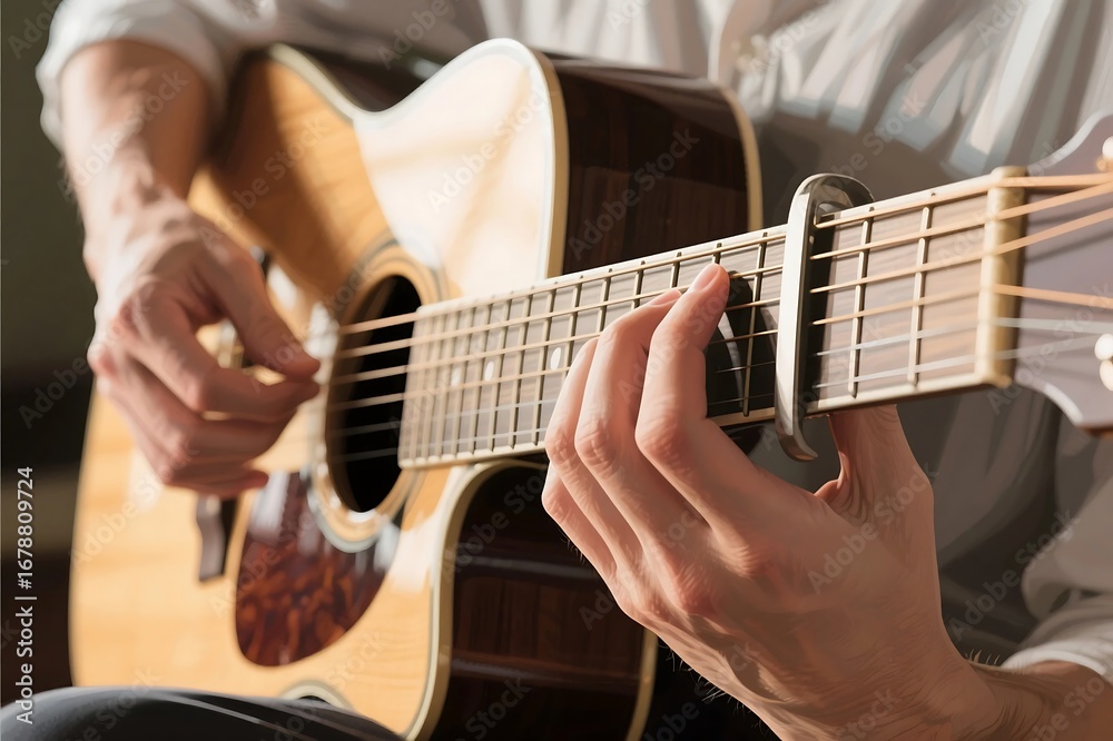 Fototapeta premium Man playing acoustic guitar on stage