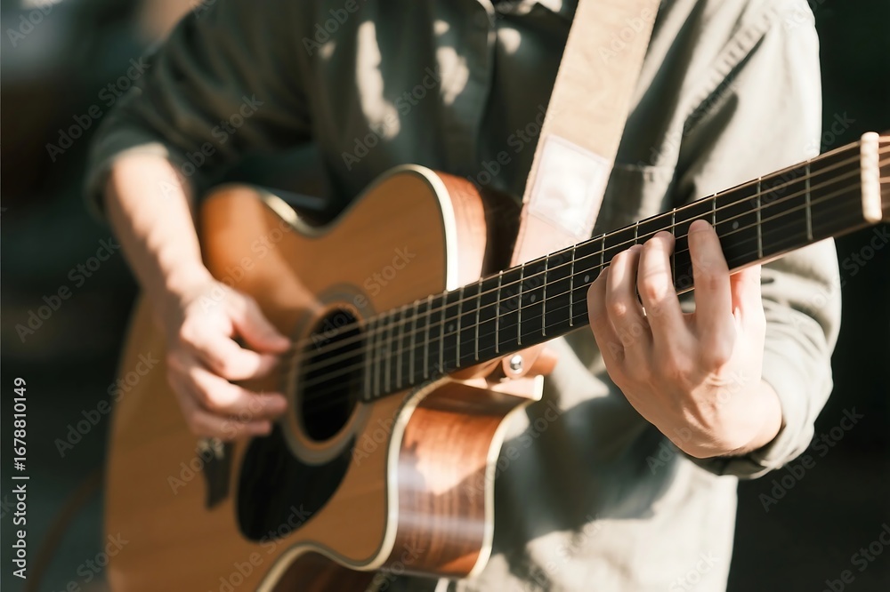 Fototapeta premium Young man playing guitar during musical performance