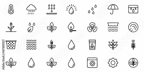 Hand drawn weather icons set for climate change, farming and irrigation, vector illustration