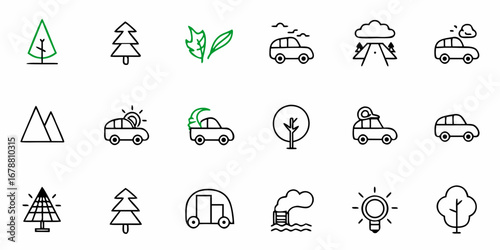 Eco-friendly travel and nature icons symbolize sustainable living in a modern and clean design