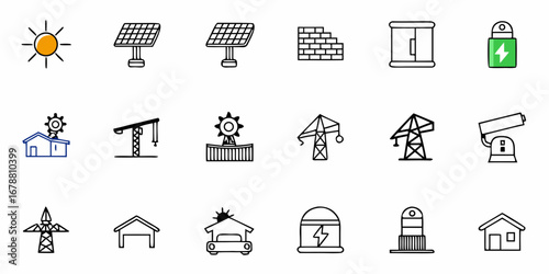Sustainable energy and construction icons showcase renewable power solutions for homes and infrastructure