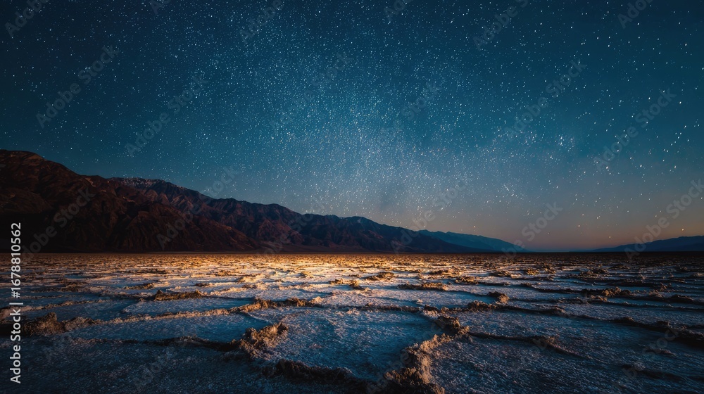 Naklejka premium A serene night sky illuminates a vast landscape of desert with stars