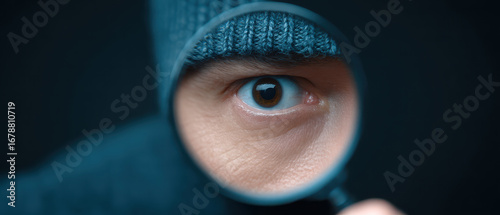 Eye peering through magnifier revealing security concern and curiosity