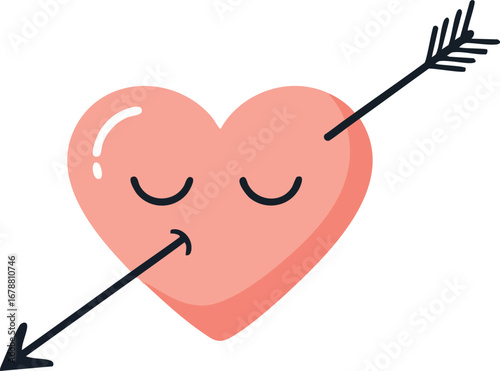 Adorable pink heart with eyes closed pierced by a black arrow captures sweet, romantic love