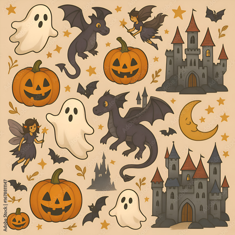 Fototapeta premium Halloween themed elements scattered on beige surface create spooky and festive atmosphere with ghosts, pumpkins, dragons, castles, and fairies for holiday celebration.