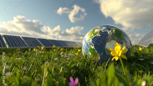 Sustainable Energy,  Earth Globe in Green Field with Solar Panels