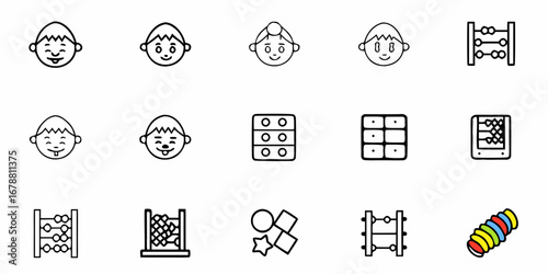 Charming hand-drawn children's icons featuring playful faces, abacus, and learning blocks for education and fun