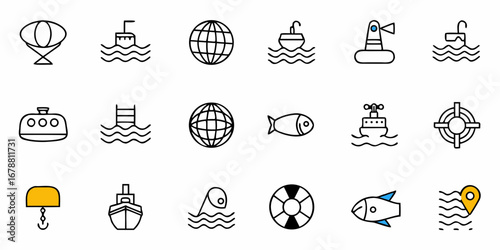 Discover stunning maritime icons featuring submarines, lighthouses, ships, and marine life for your next project.