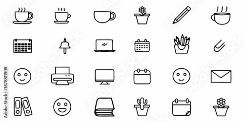 Essential office icons for business planning, productivity, and daily tasks, creating a modern workspace feel.
