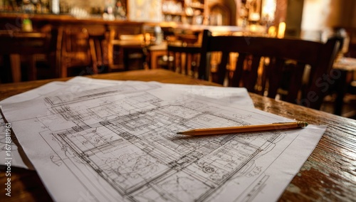 Architectural blueprints on a rustic wooden table in a vintage restaurant