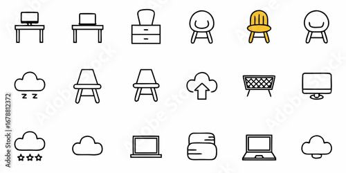 Modern office icons for productivity and comfort, featuring desks, chairs, computers, and weather symbols.