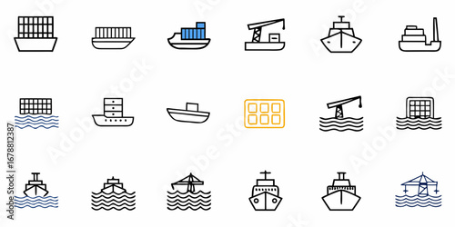 Dynamic collection of modern shipping and cargo vessel icons representing global logistics and maritime transport
