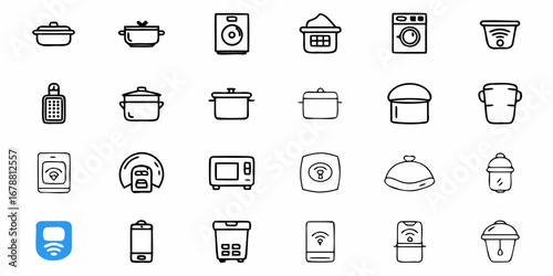 Charming hand-drawn icons showcasing kitchenware and smart home devices for modern living.