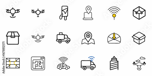 Modern logistics and delivery icons featuring drones, packages, and navigation for smart transport solutions