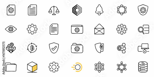 Modern business icons representing strategy, finance, security, data, and network concepts for digital presentations