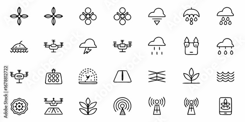Modern technology icons showcasing drones weather signals plants and waves for innovative concepts