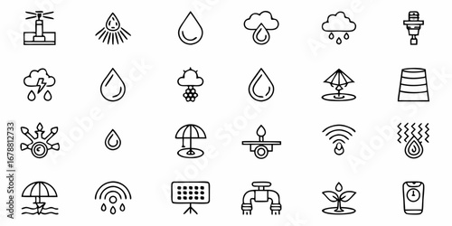 Modern icons represent water conservation, irrigation, and weather protection for smart agriculture and resource management.