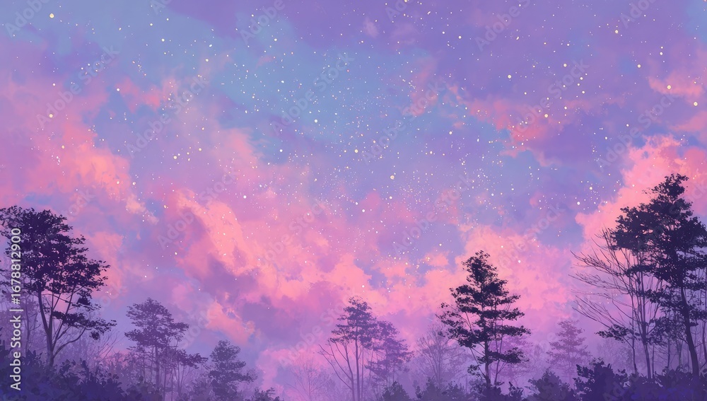 Naklejka premium Silhouetted trees against a vibrant, pastel-colored sunset sky, dotted with stars