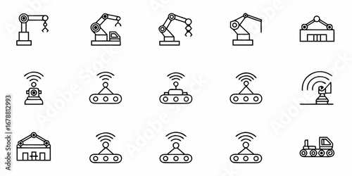 Modern automation icons including robotic arms, smart factory, and wireless technology for industry innovation